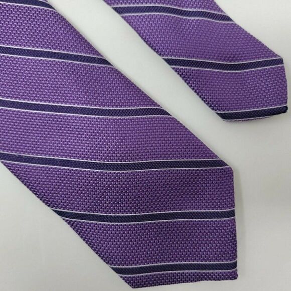 SAKS FIFTH AVENUE BLACK LABEL TIE SILK PURPLE WHITE STRIPE LUXURY 3" - Picture 1 of 2